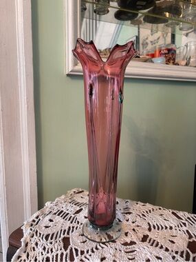 Vintage 2003 Ron Mynatt Cranberry Handblown 14" Glass Art Swung Vase